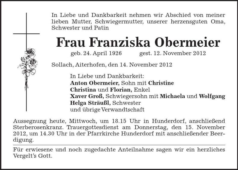 Traueranzeige Franziska Obermeier