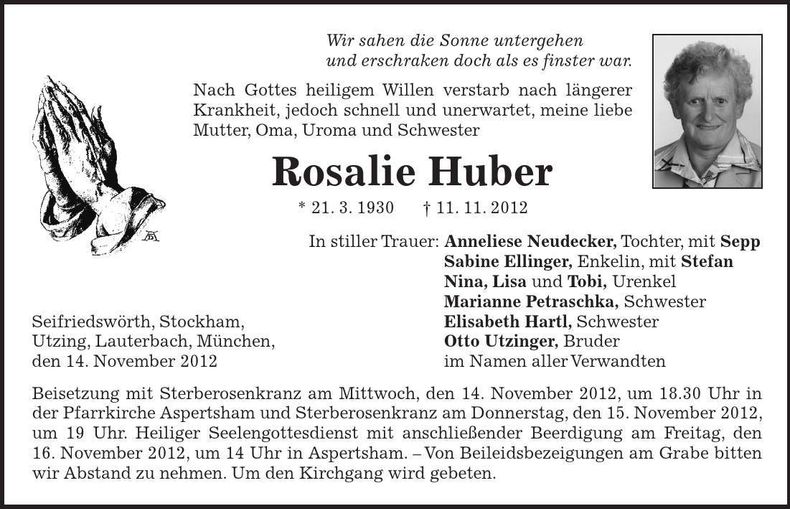Traueranzeige Rosalie Huber