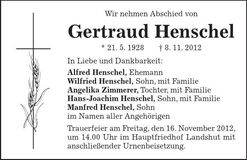 Traueranzeige Gertraud Henschel
