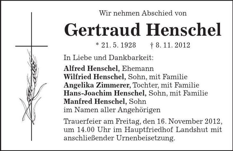 Traueranzeige Gertraud Henschel