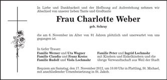 Traueranzeige Charlotte Weber