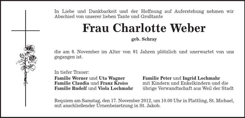 Traueranzeige Charlotte Weber