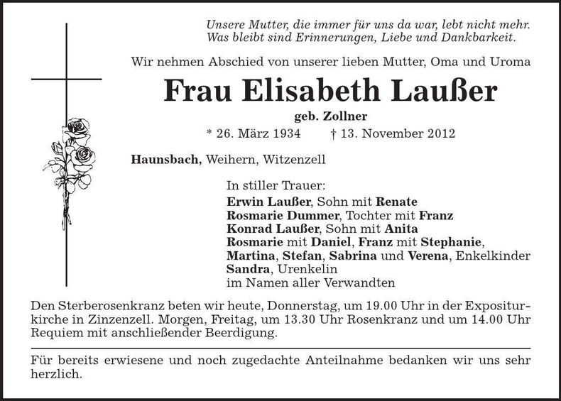 Traueranzeige Elisabeth Laußer