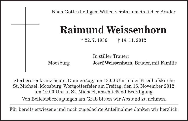 Traueranzeige Raimund Weissenhorn