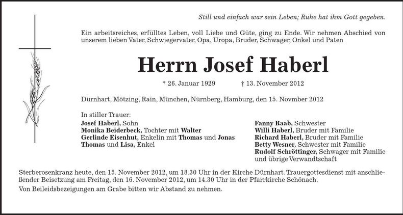 Traueranzeige Josef Haberl