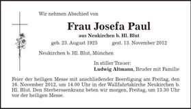 Traueranzeige Josefa Paul