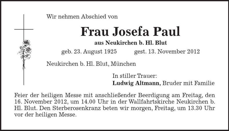 Traueranzeige Josefa Paul