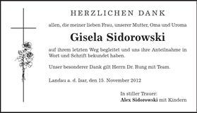 Traueranzeige Gisela Sidorowski