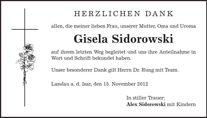 Traueranzeige Gisela Sidorowski
