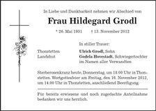 Traueranzeige Hildegard Grodl