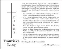 Traueranzeige Franziska Lang