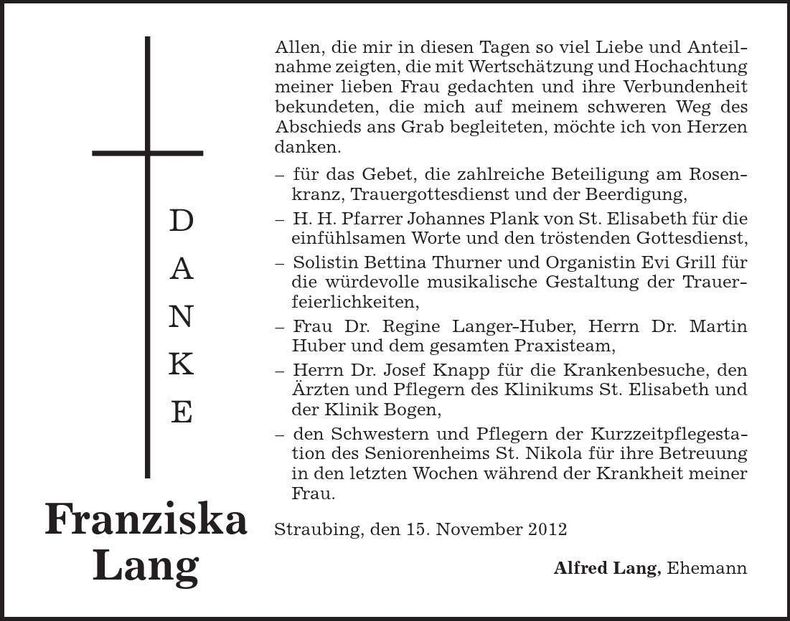 Traueranzeige Franziska Lang