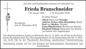 Traueranzeige Frieda Brunschneider