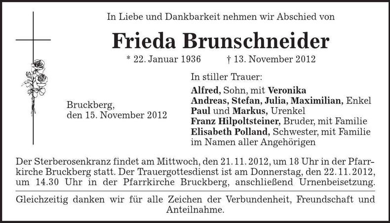 Traueranzeige Frieda Brunschneider