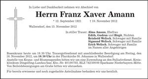 Traueranzeige Franz Xaver Amann