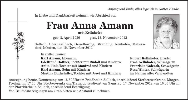 Traueranzeige Anna Amann