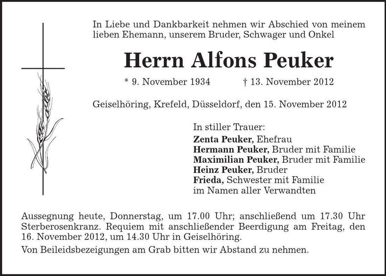 Traueranzeige Alfons Peuker