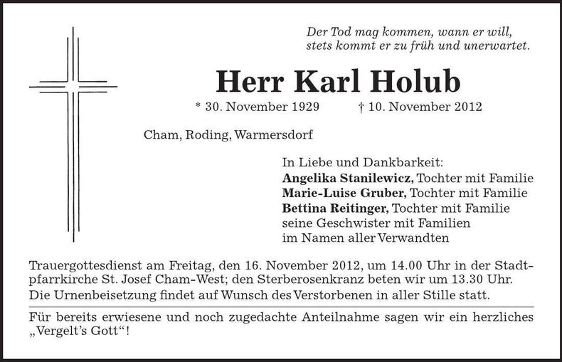 Traueranzeige Karl Holub