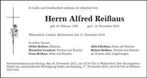 Traueranzeige Alfred Reißaus