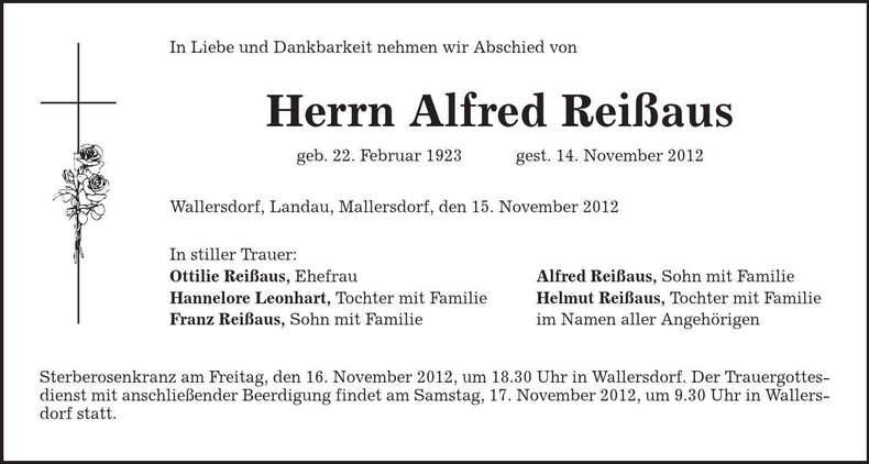 Traueranzeige Alfred Reißaus