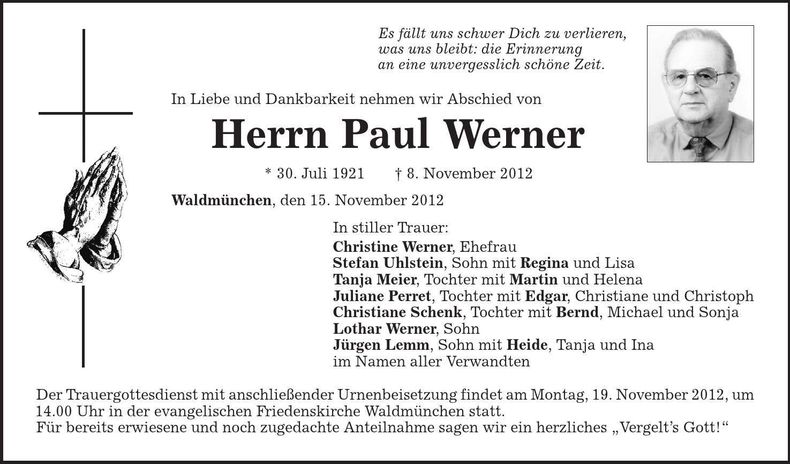 Traueranzeige Paul Werner
