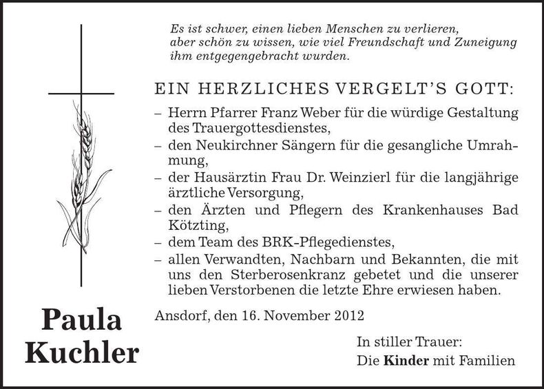 Traueranzeige Paula Kuchler
