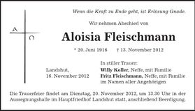 Traueranzeige Aloisia Fleischmann