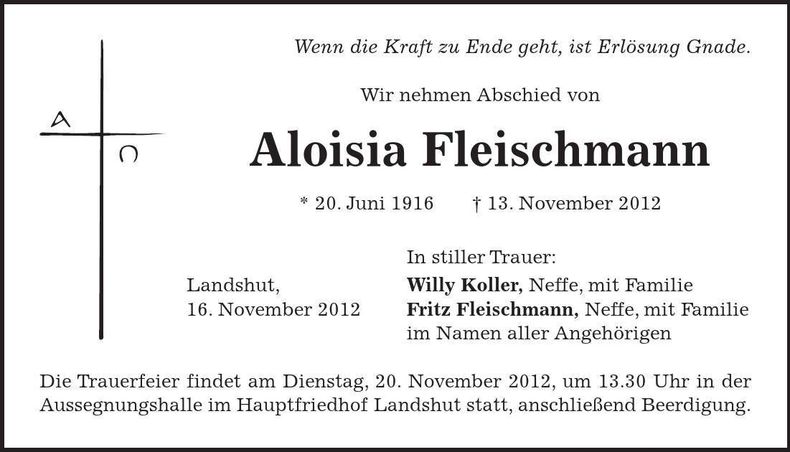 Traueranzeige Aloisia Fleischmann
