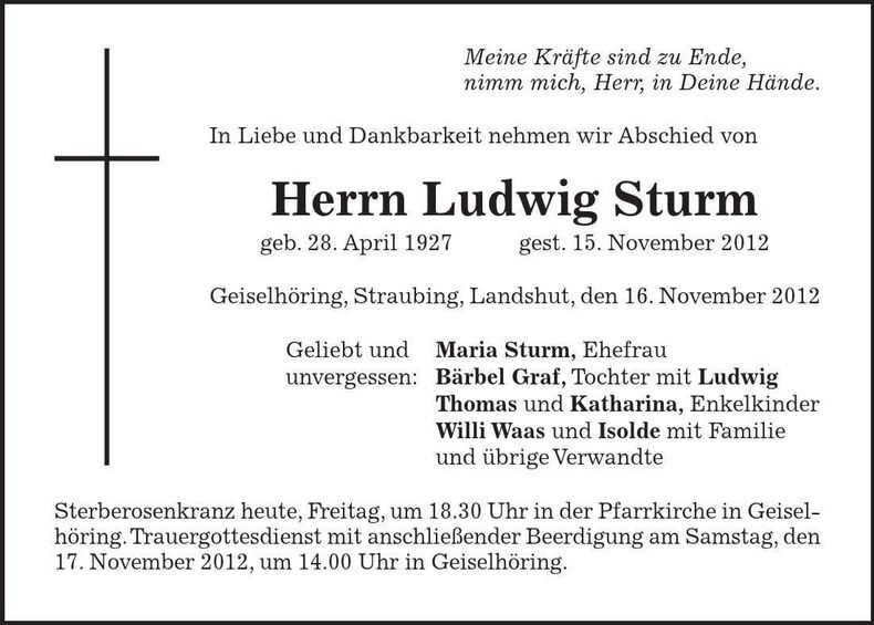 Traueranzeige Ludwig Sturm