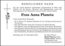 Traueranzeige Anna Planeta