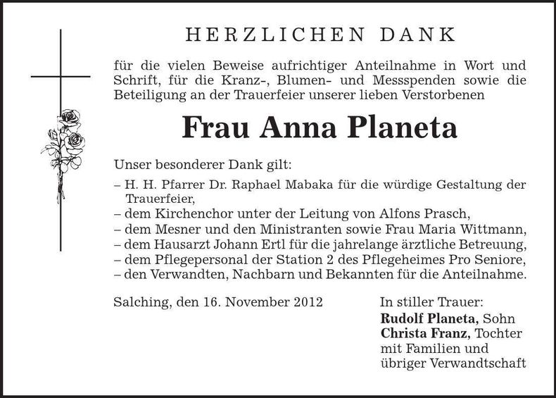 Traueranzeige Anna Planeta