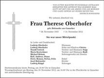 Traueranzeige Therese Oberhofer