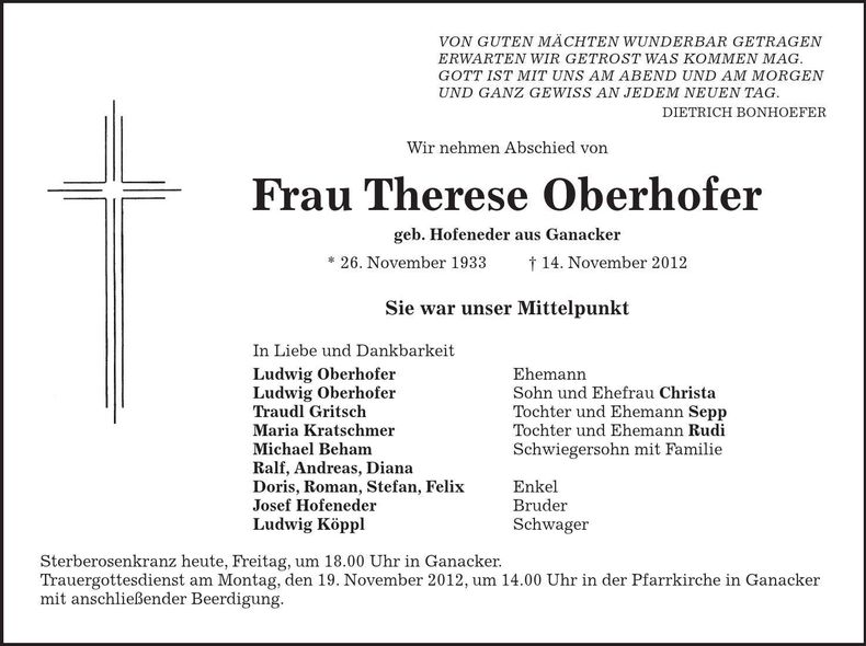 Traueranzeige Therese Oberhofer
