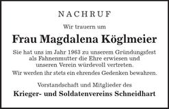 Traueranzeige Magdalena Köglmeier