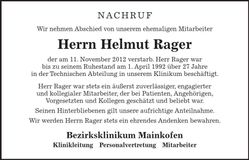 Traueranzeige Helmut Rager
