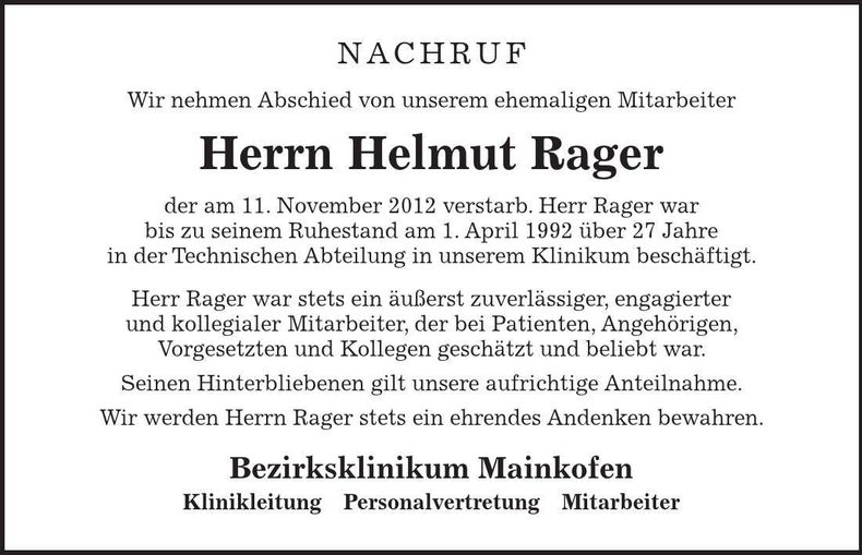 Traueranzeige Helmut Rager