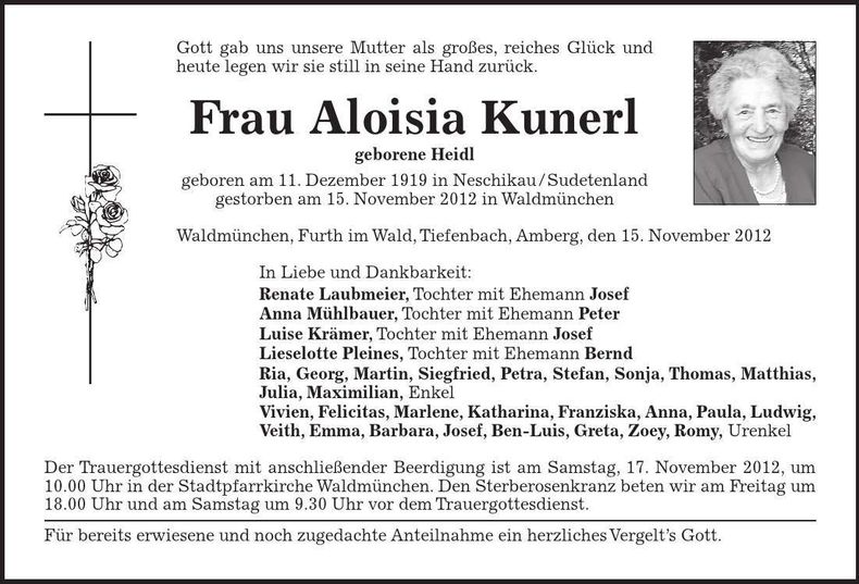 Traueranzeige Aloisia Kunerl
