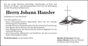 Traueranzeige Johann Hausler