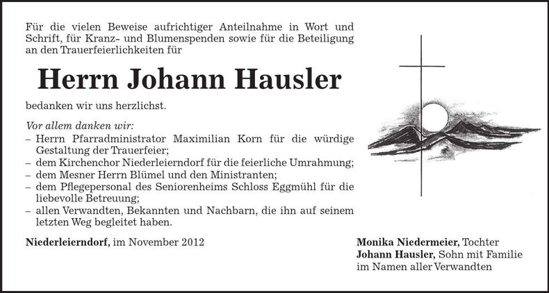 Traueranzeige Johann Hausler