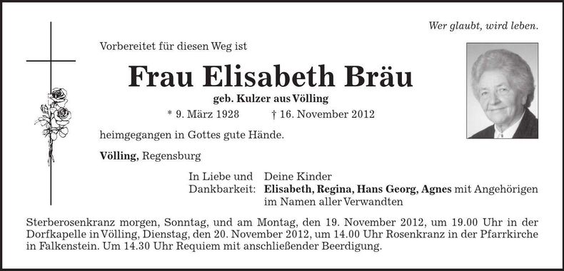Traueranzeige Elisabeth Bräu