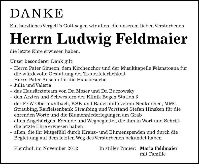 Traueranzeige Ludwig Feldmaier