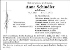 Traueranzeige Anna Schindler