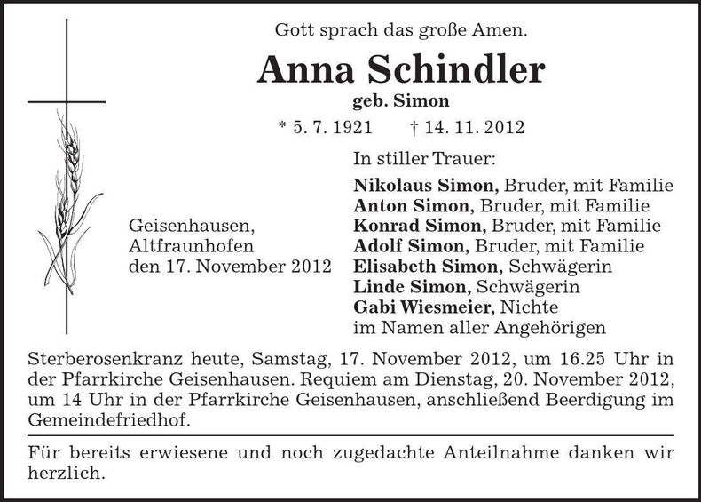 Traueranzeige Anna Schindler