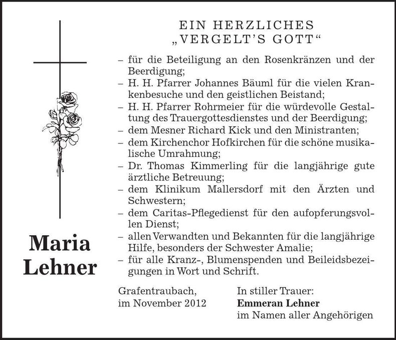 Traueranzeige Maria Lehner