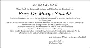 Traueranzeige Margareta Schicht