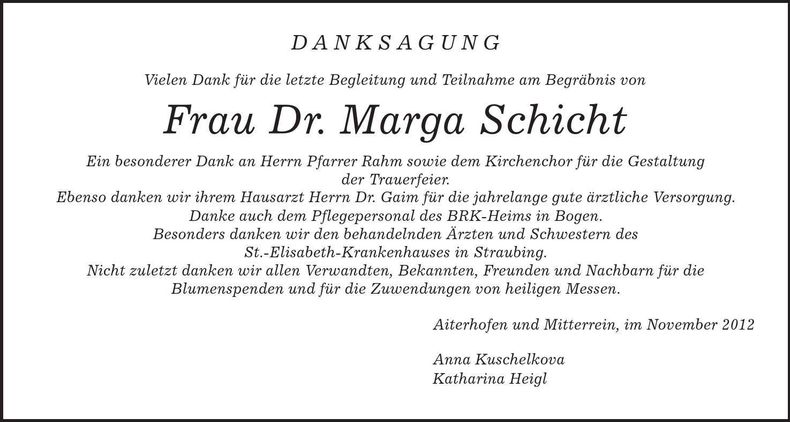 Traueranzeige Margareta Schicht