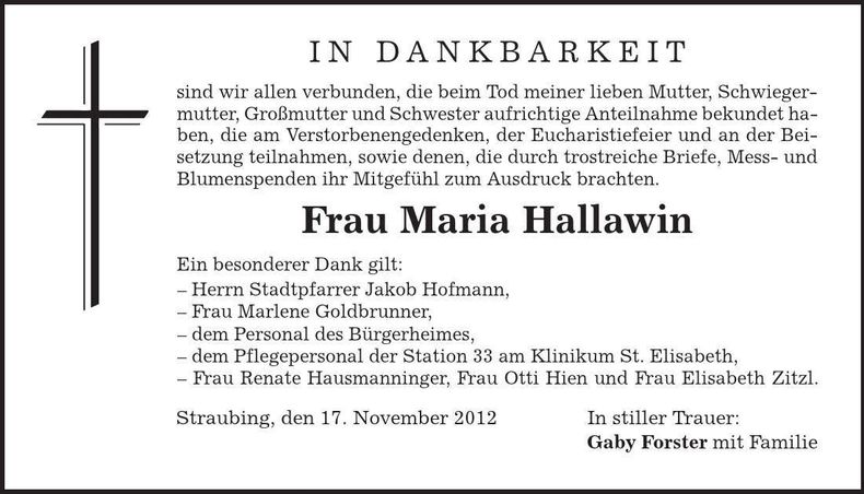 Traueranzeige Maria Hallawin