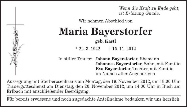 Traueranzeige Maria Bayerstorfer