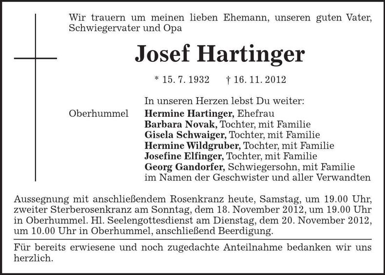 Traueranzeige Josef Hartinger