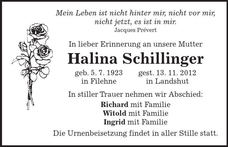 Traueranzeige Halina Schillinger